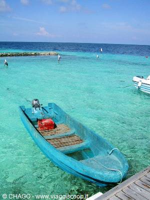 Blue motorboat moored in clear turquoise water beside the wooden pier