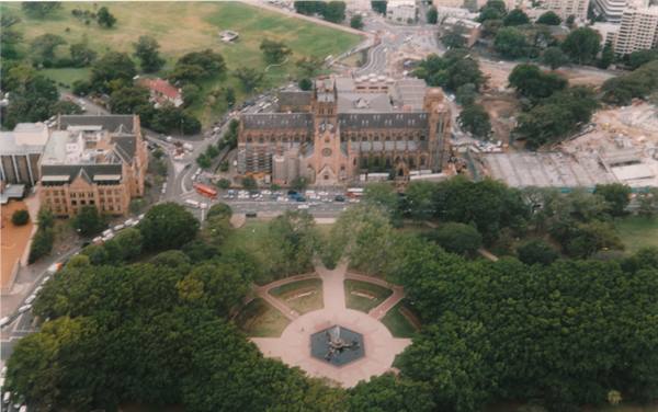 St Mary's Cathedral in Sydney seen from above, with Hyde Park fountain