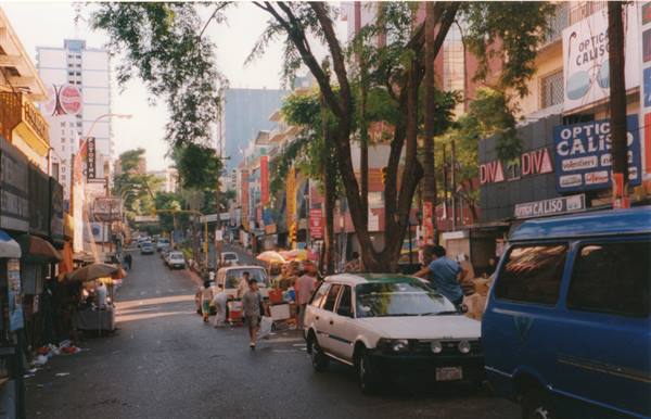 City street with parked cars, trees and optical shop signs, daylight