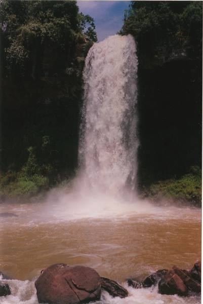 Powerful waterfall plunging into brown pool, surrounded by rocks and green vegetation