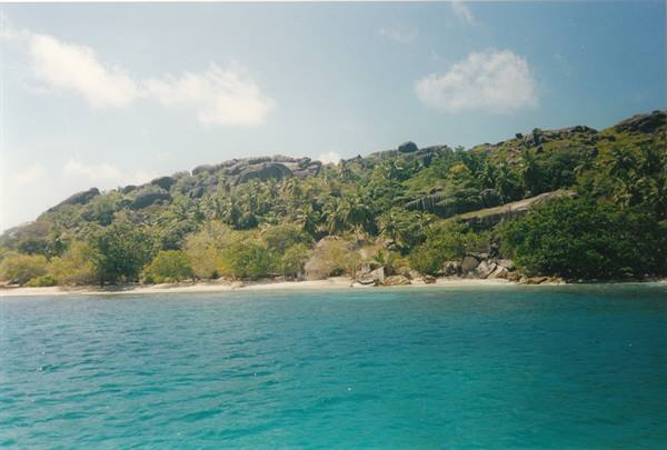 Tropical island with sandy beach, palm trees and granite rocks by turquoise sea