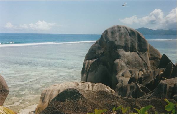 Granite boulders by turquoise sea, bird flying, islands in the distance