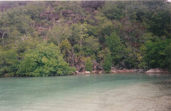 Turquoise water in front of a rocky hill covered with tropical vegetation