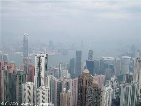 Hong Kong from Victoria Peak, skyscrapers in haze over the harbour