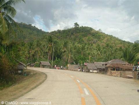 Paved road lined with thatched huts and coconut palms, green hills under cloudy sky