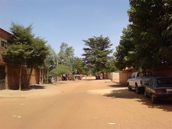 Red dirt road lined with trees, mud-brick houses and parked cars in shade