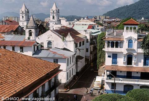 Colonial rooftops and white cathedral towers in Panama City's Casco Viejo