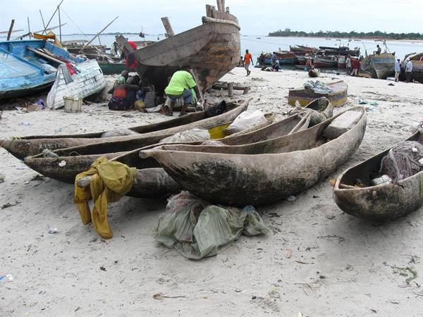 Wooden dugout canoes hauled on sand with fishing nets, boat under repair