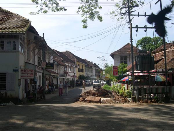 Street with colonial tiled houses, pedestrians and cars, a crow flying near wires