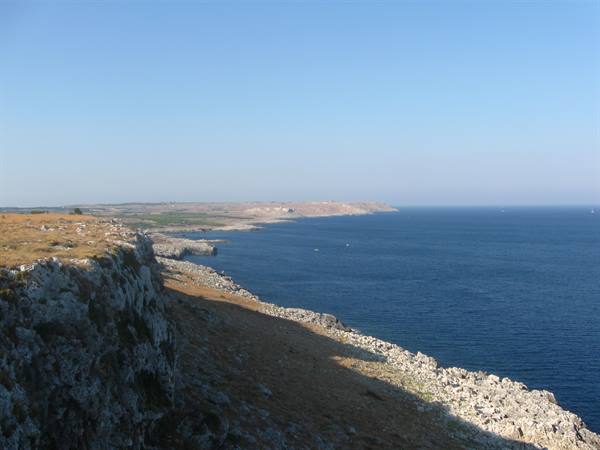 Limestone cliffs plunging into blue sea, rocky coastline under clear sky