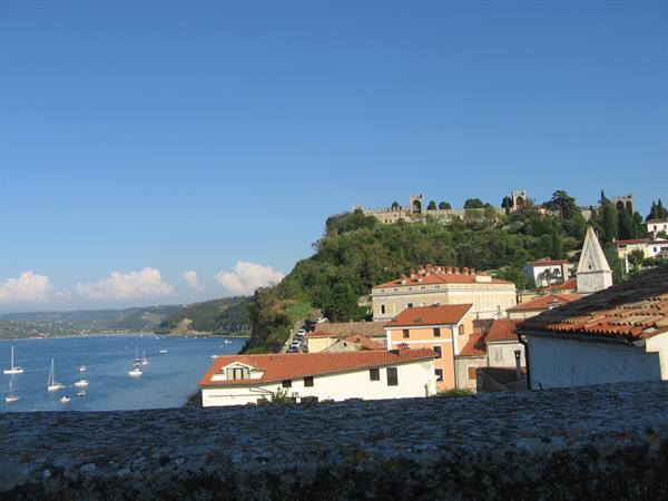 view of Piran castle from the St George bell tower