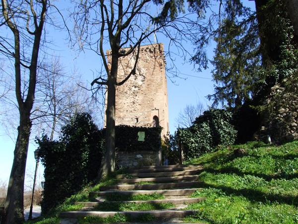 Ancient brick tower among trees, stone steps with green grass