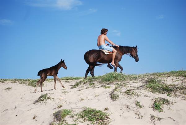 Shirtless man rides a dark mare followed by her foal across the sandy dune