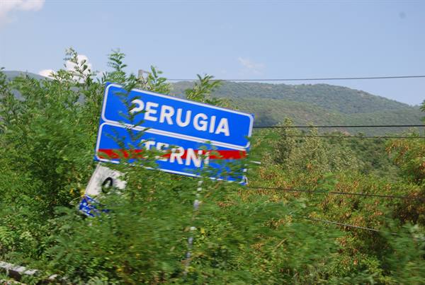 Blue road sign for Perugia, Terni crossed out, among bushes and green hills