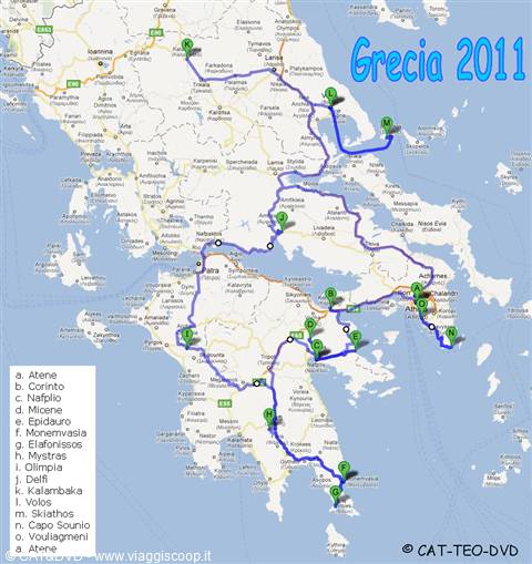 Map of 2011 Greece trip with blue route and numbered stops