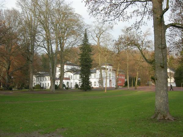 White villa with dark roofs among bare trees, green lawn in the foreground