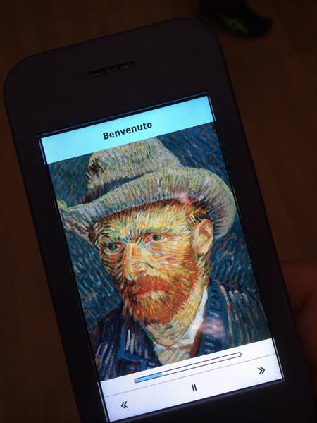 Audio guide screen showing Van Gogh self-portrait with welcome message