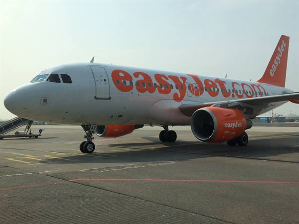 White and orange easyJet plane parked on the airport tarmac