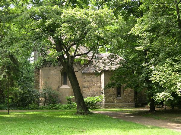 Medieval stone church nestled among tall leafy trees in a green park