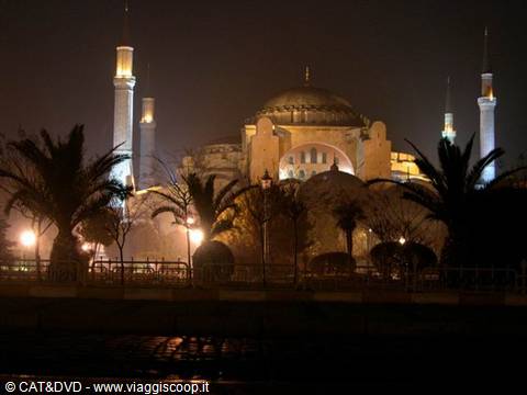 Hagia Sophia lit up at night among palm trees, dome and minarets, Istanbul