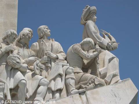 Stone statues of navigators on the Padrão dos Descobrimentos monument in Lisbon
