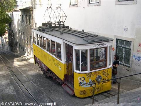 Yellow graffiti funicular climbing Lisbon hill, woman waiting on the sidewalk
