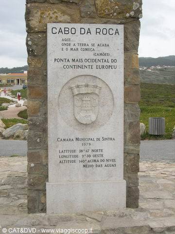 Stone monument at Cabo da Roca bearing inscription and Lisbon coat of arms