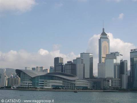 Glass skyscrapers over Hong Kong harbour, Convention Centre, daylight