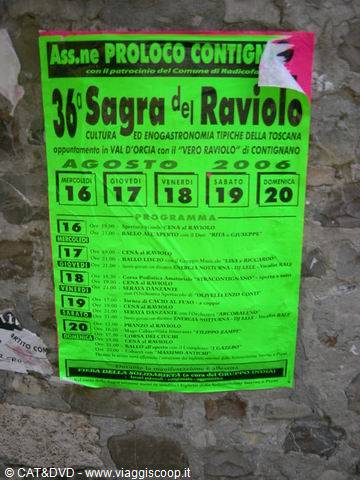 Green poster for the Raviolo festival in Contignano, August 2006, on a stone wall