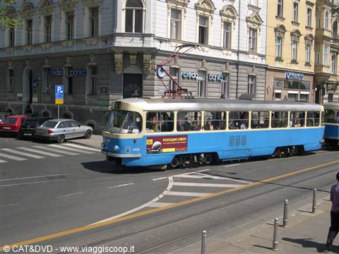 Blue and cream tram crossing an intersection with historic buildings in Zagreb
