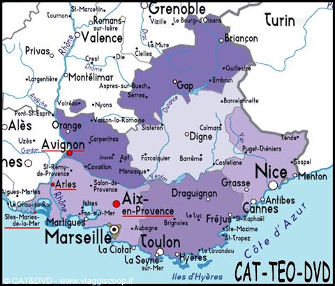 Map of Provence highlighting Marseille, Nice and Avignon