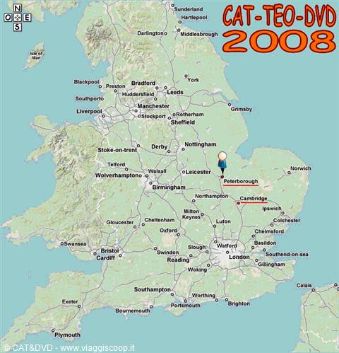Map of England, pin marks Peterborough showing the travel route