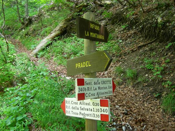 Wooden signs point to Pradel and La Montanara hut in green forest