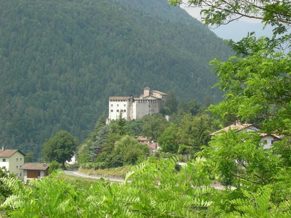 Ancient stone castle on a wooded hill among houses and green mountains