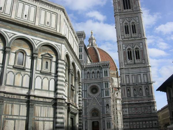 Baptistery and Giotto's bell tower beside Florence Cathedral, white and green marble