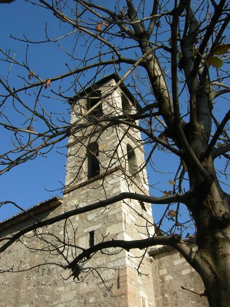 Stone bell tower behind bare tree branches, clear blue sky