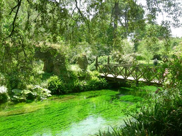 Wooden bridge over the green stream at Ninfa Garden, beside ivy-covered ruins