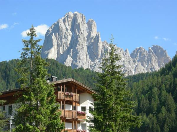 Wooden chalet among firs, white Dolomite peaks rising behind
