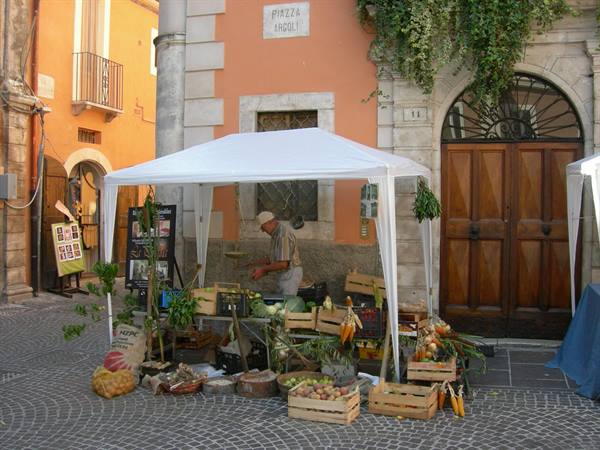 Vegetable stall with wooden crates under white gazebo in Piazza Angioi
