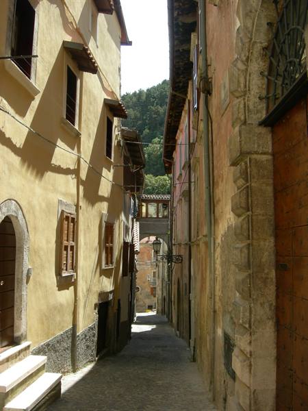 Cobbled alley between ochre houses with iron grilles and wooden door