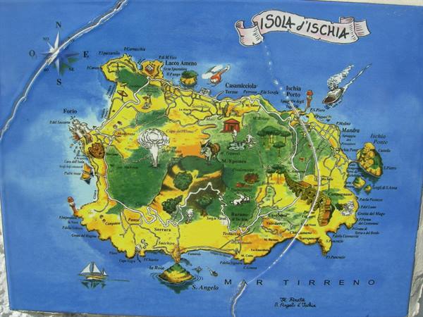 Illustrated map of Ischia island painted on a ceramic plate