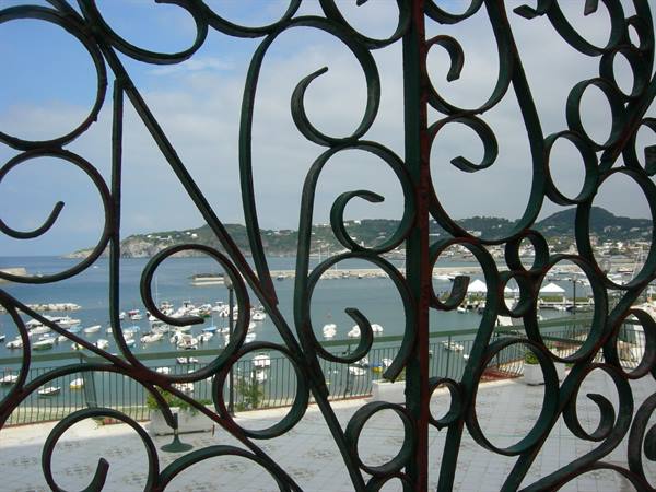 green wrought iron railing framing a harbor full of boats