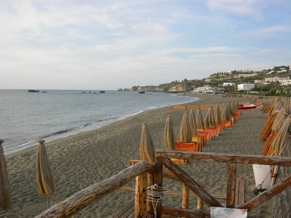 Closed straw umbrellas on dark sand beach, calm sea and coastal houses