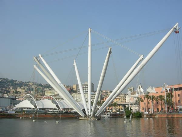 Renzo Piano's Bigo crane structure at Genoa's Porto Antico, rising over the harbor