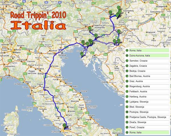 2010 road trip map with blue route from Rome to Ljubljana