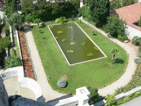 Rectangular lily pond in lush gardens seen from above