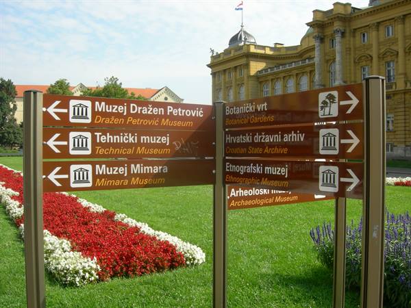 Brown signs point to Zagreb museums in front of the yellow building