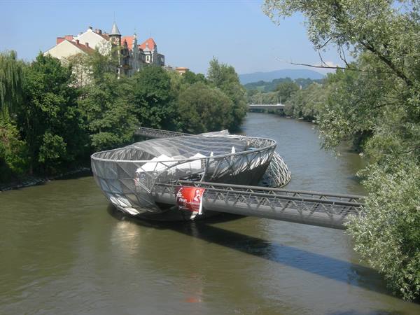 Murinsel, artificial glass and steel island bridge on the Mur river, Graz