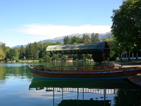 Wooden boat with green canopy moored on Lake Bled beneath the mountains