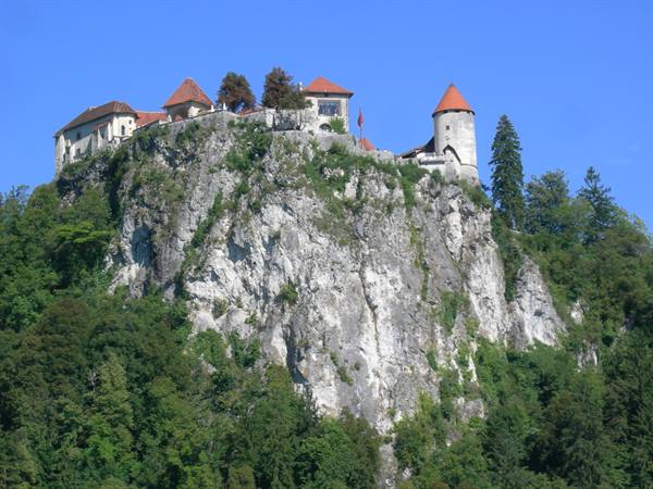 Bled Castle with white tower and red roofs atop a cliff